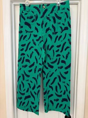 Maeve Green Straight-Leg Pants with Navy Brushstroke Print